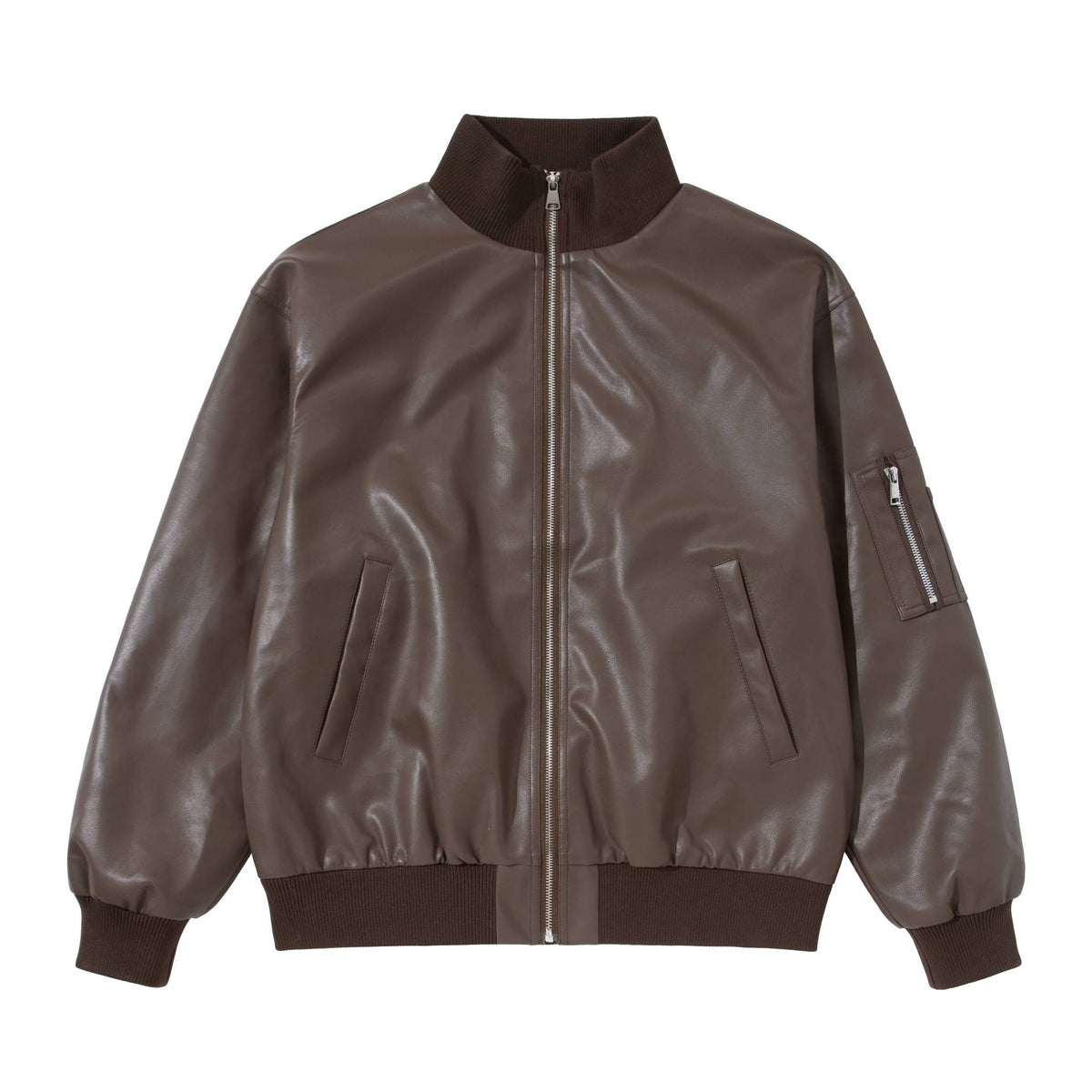 Minimalist Solid Color Loose Stand-up Collar PU Leather Jacket Workwear Coat