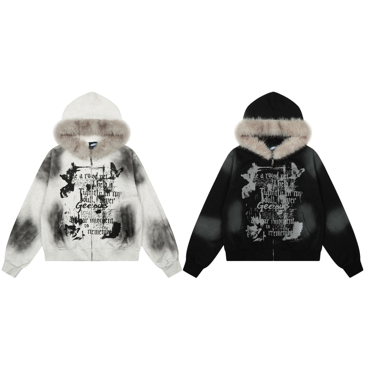 Tie dye fur collar hooded sweatshirt women's coat