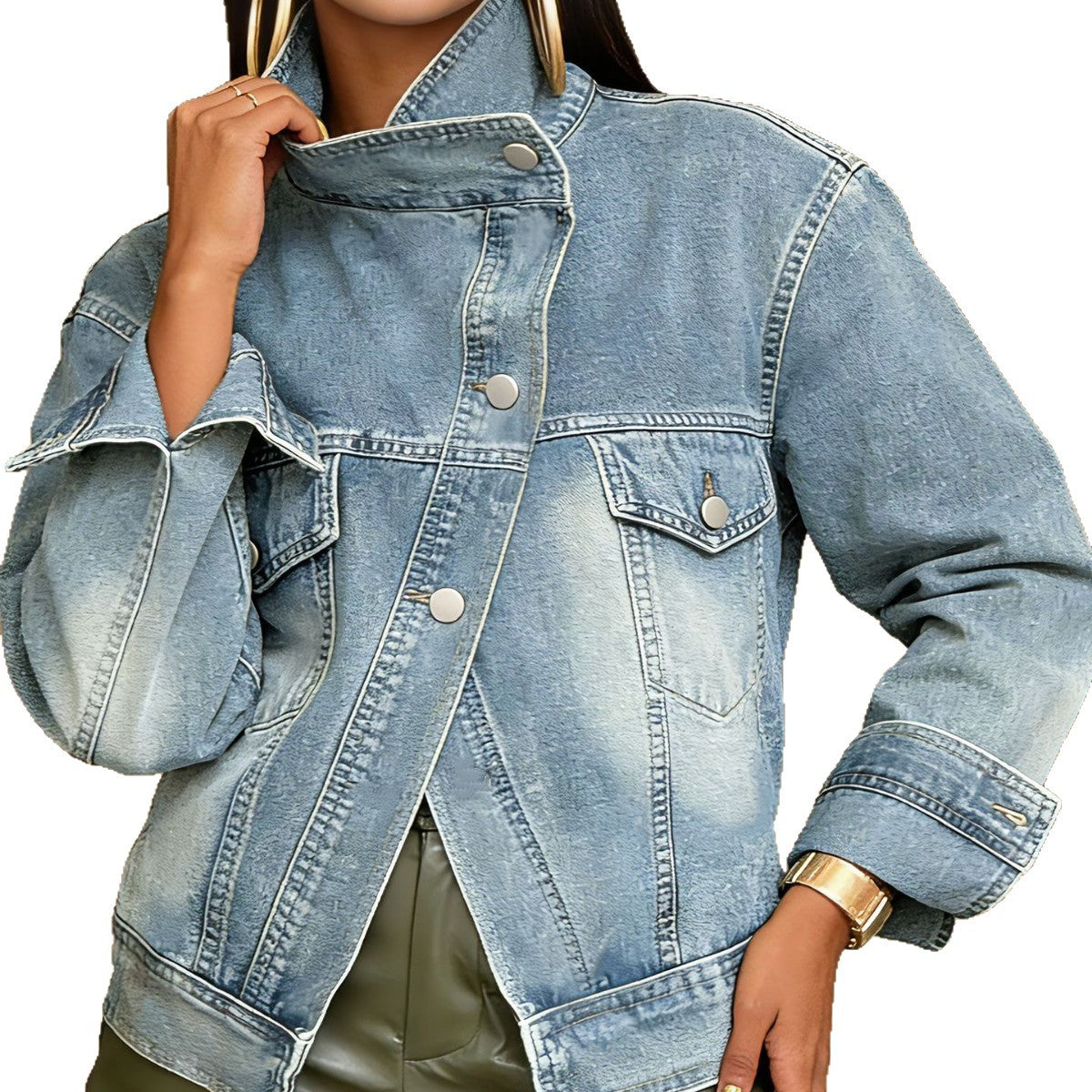 Streetwear Biker Style Washed Stand Collar Retro Denim Jacket Coat