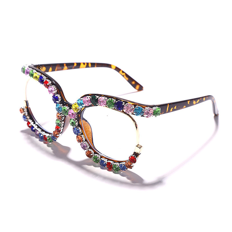 New Personality Luxury Colored Diamond Sunglasses Large Frame Round Fashion Trend Flat Light Sunglasses