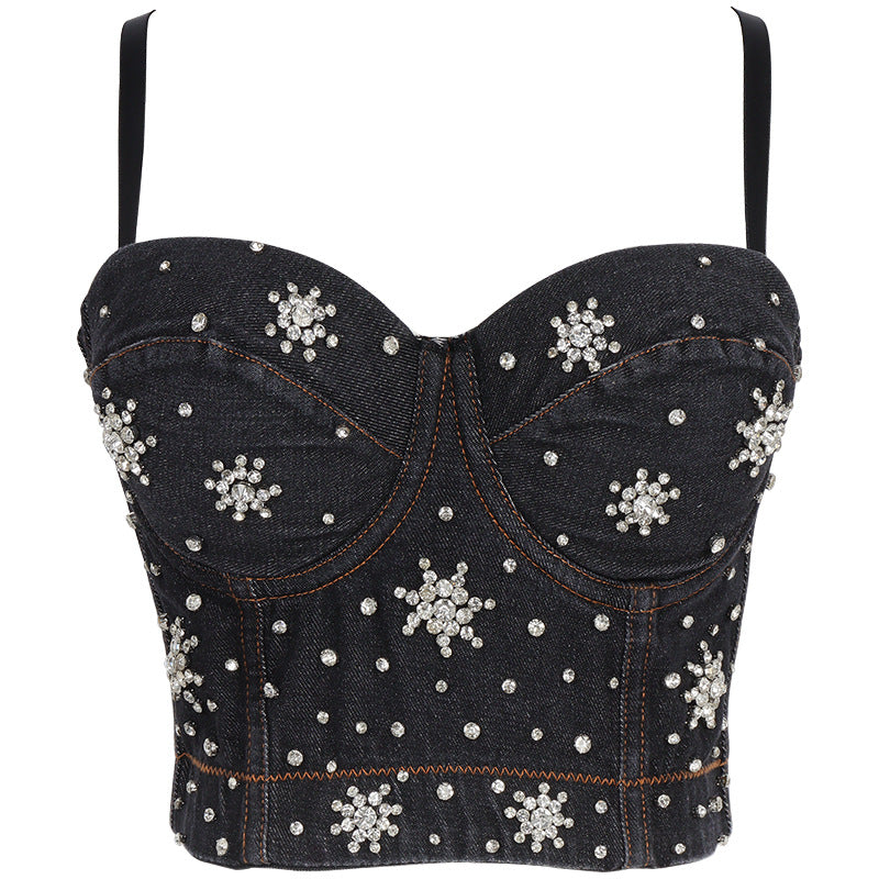 Denim Beaded Backless Crop Top with High Waist and Belly Show for Shaping