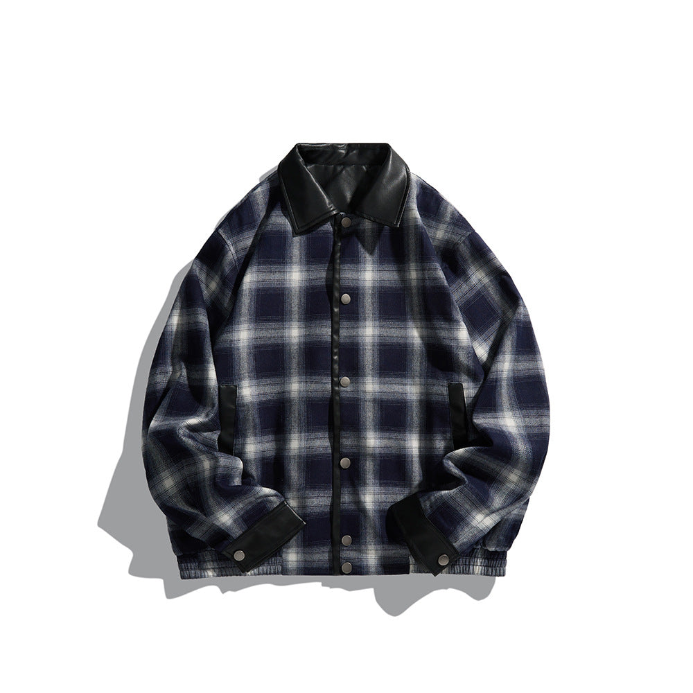Patchwork Leather Collar Design Loose Plaid Jacket Coat