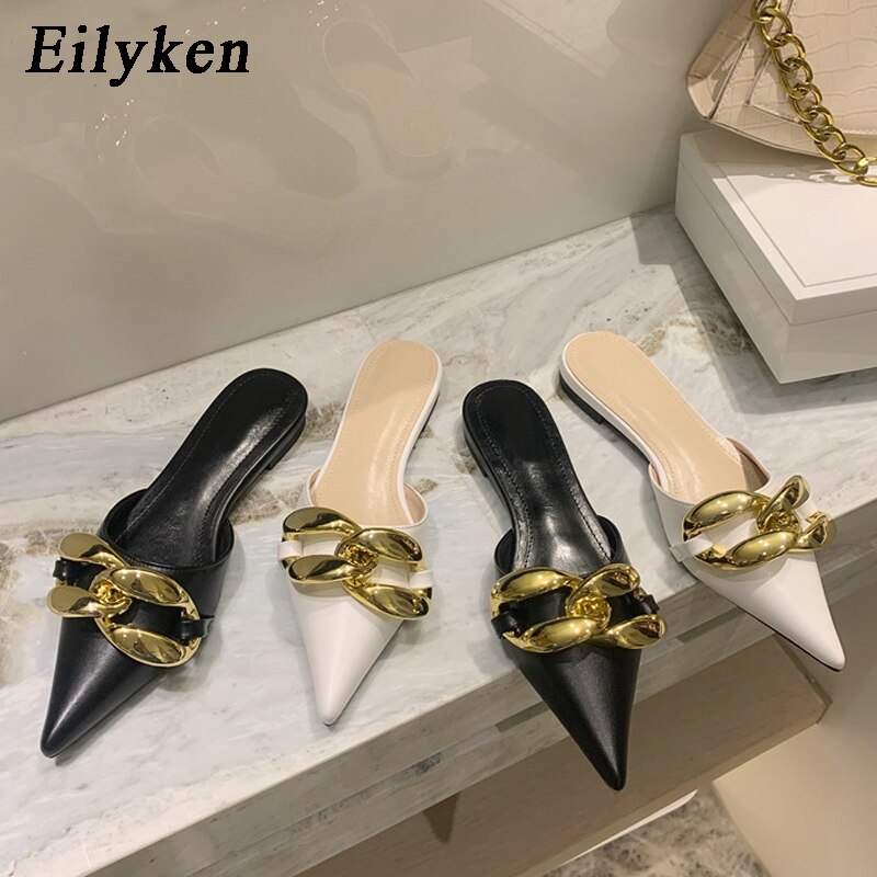 Summer Fashion Metal Chain Buckle Women Mules Slippers New Pointed Toe Slip On Ladies Outdoor Casual Flat Heels Shoes