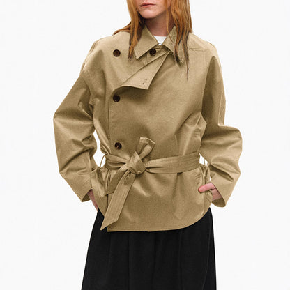 Short-Cut Reversible Trench Coat with Notched Lapel, Double-Breasted, Waist-Cinching Loose Fit