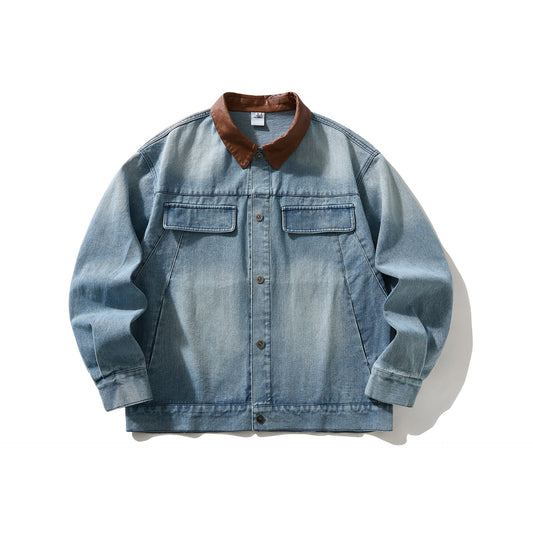 Color-Blocking Patchwork Leather Collar Denim Jacket Loose Washed Distressed Coat