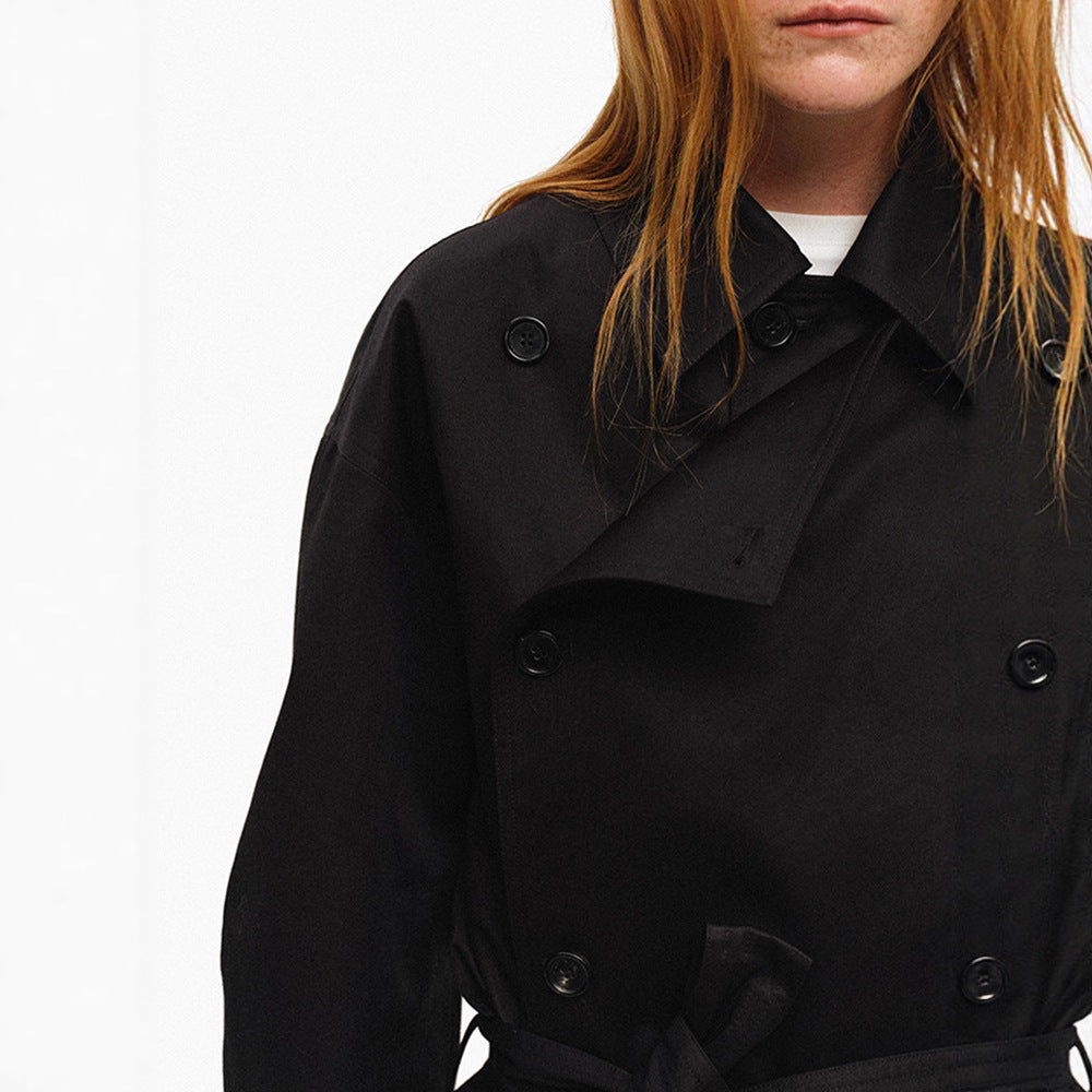 Short-Cut Reversible Trench Coat with Notched Lapel, Double-Breasted, Waist-Cinching Loose Fit