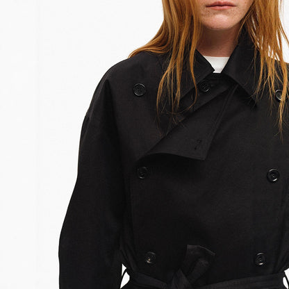 Short-Cut Reversible Trench Coat with Notched Lapel, Double-Breasted, Waist-Cinching Loose Fit