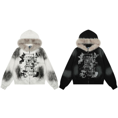 Tie dye fur collar hooded sweatshirt women's coat