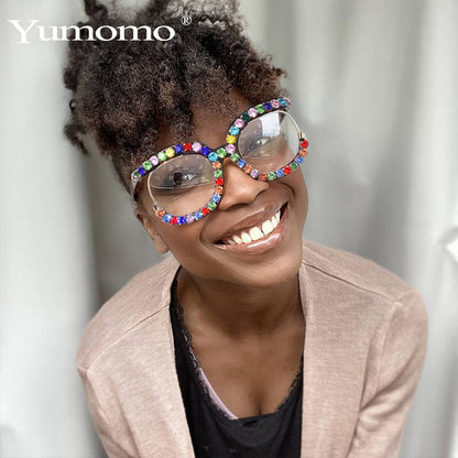 New Personality Luxury Colored Diamond Sunglasses Large Frame Round Fashion Trend Flat Light Sunglasses