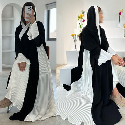 Modest Turkish Style Pleated Dress with Trendy Gathered Panel Cardigan Coat