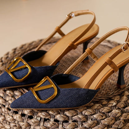French Shallow Mouth Pointed Toe Stiletto Women's Denim High Heel Sandals Summer Breathable and Leg-lengthening
