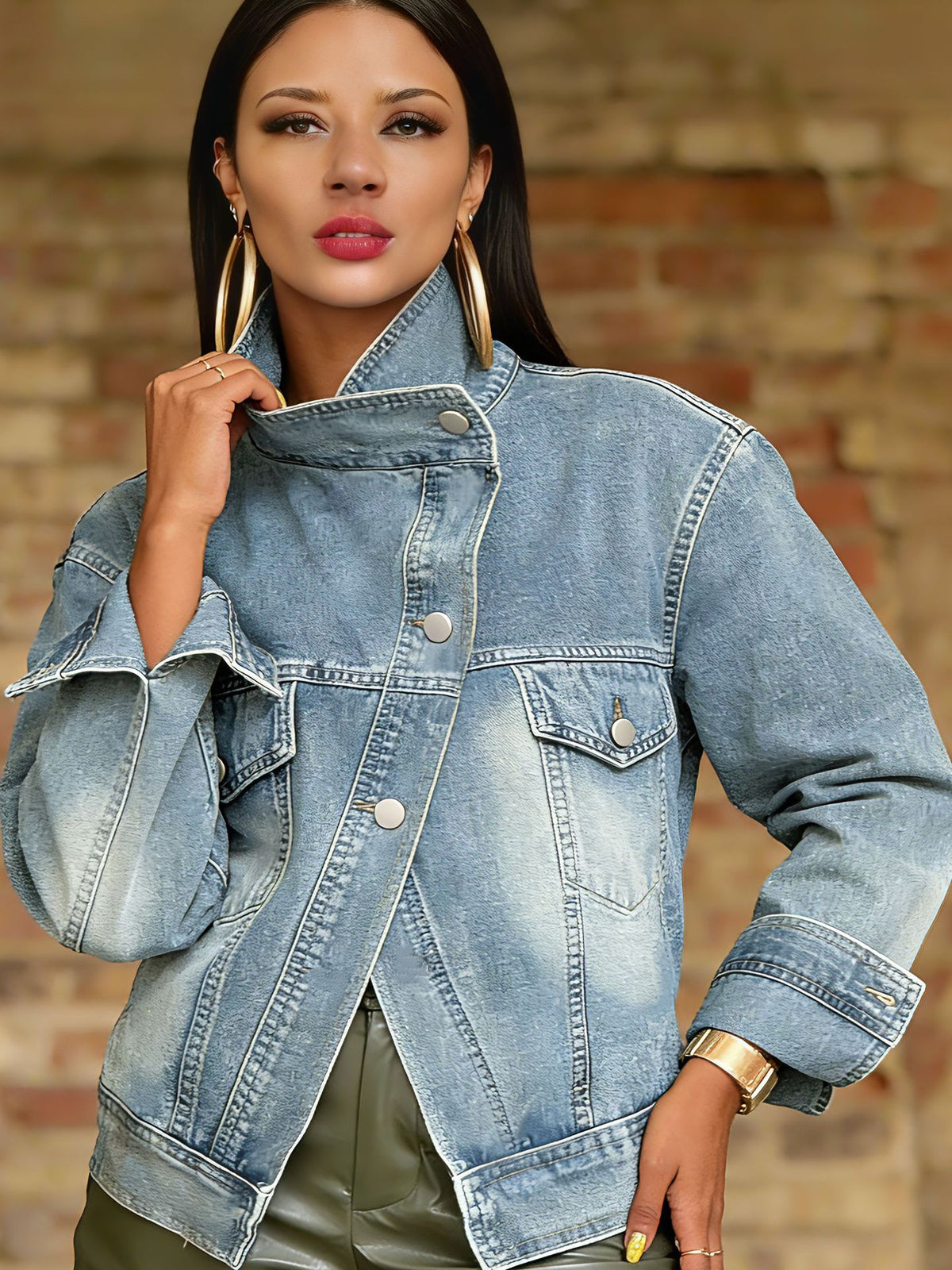 Streetwear Biker Style Washed Stand Collar Retro Denim Jacket Coat