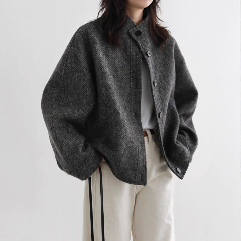 Retro Style Early Winter New Arrival Stand Collar Twill Texture Single Breasted Wool Blend Short Coat for Women