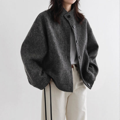 Retro Style Early Winter New Arrival Stand Collar Twill Texture Single Breasted Wool Blend Short Coat for Women