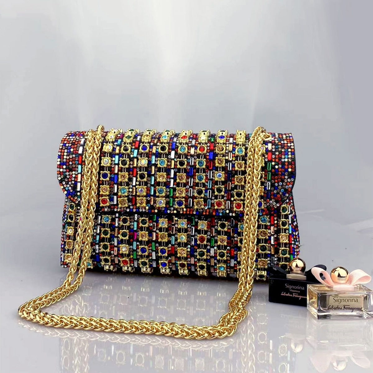 New Elegant Evening Dress Style Brooch-Adorned Clutch Bag with Rhinestones Chain Strap and Cheongsam Design for Formal Occasions