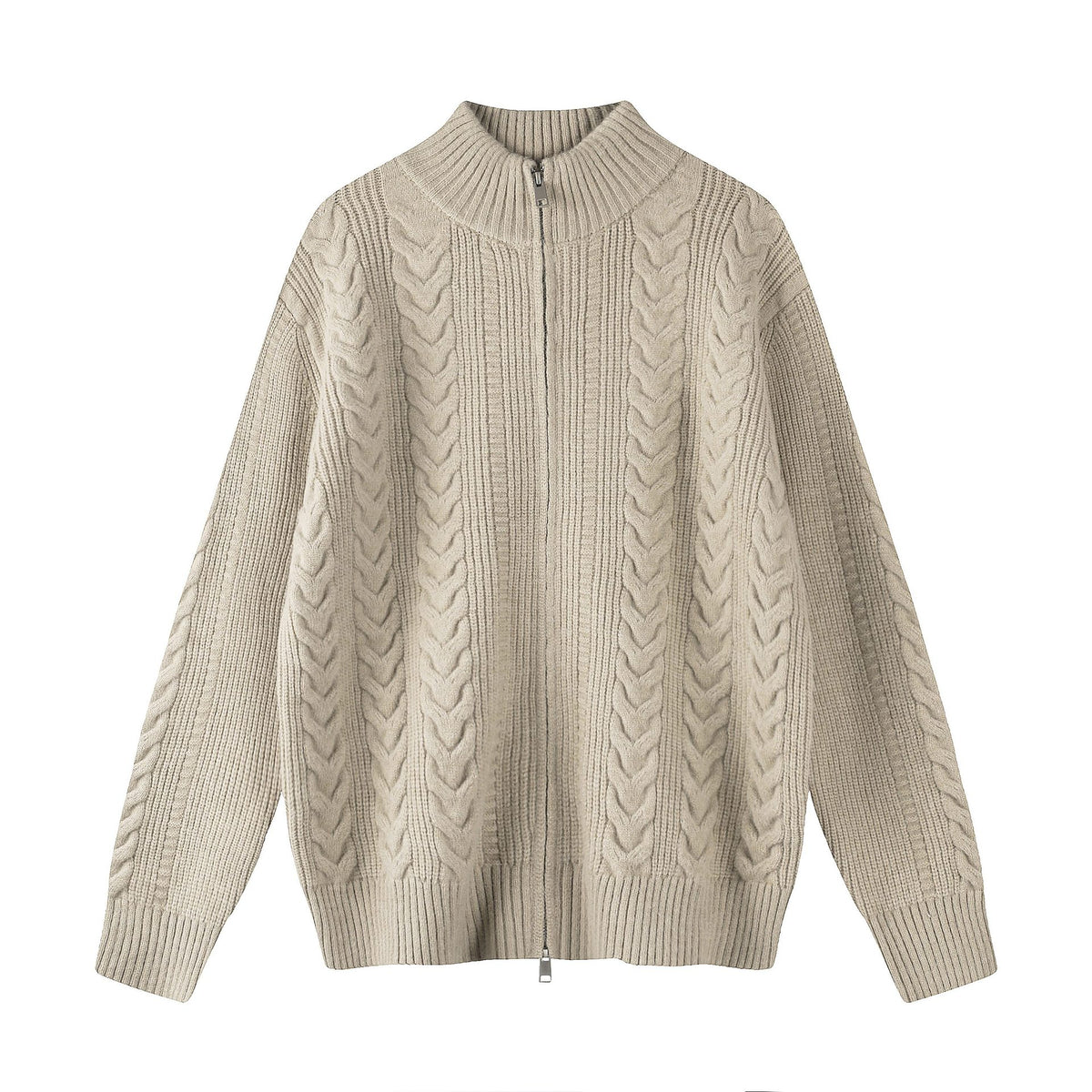 Wheat Stitch Double Zip Stand Collar Knit Cardigan Coat