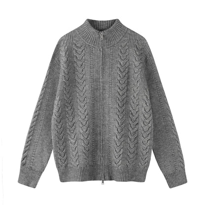 Wheat Stitch Double Zip Stand Collar Knit Cardigan Coat