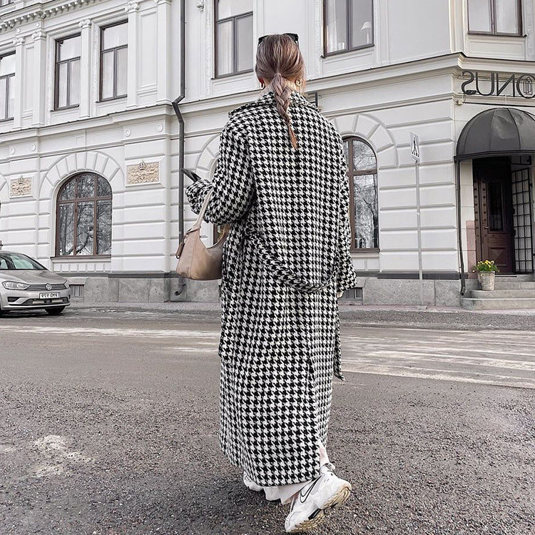 Long Checkered Coat for Women, Black and White Classic Trench Coat