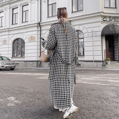 Long Checkered Coat for Women, Black and White Classic Trench Coat
