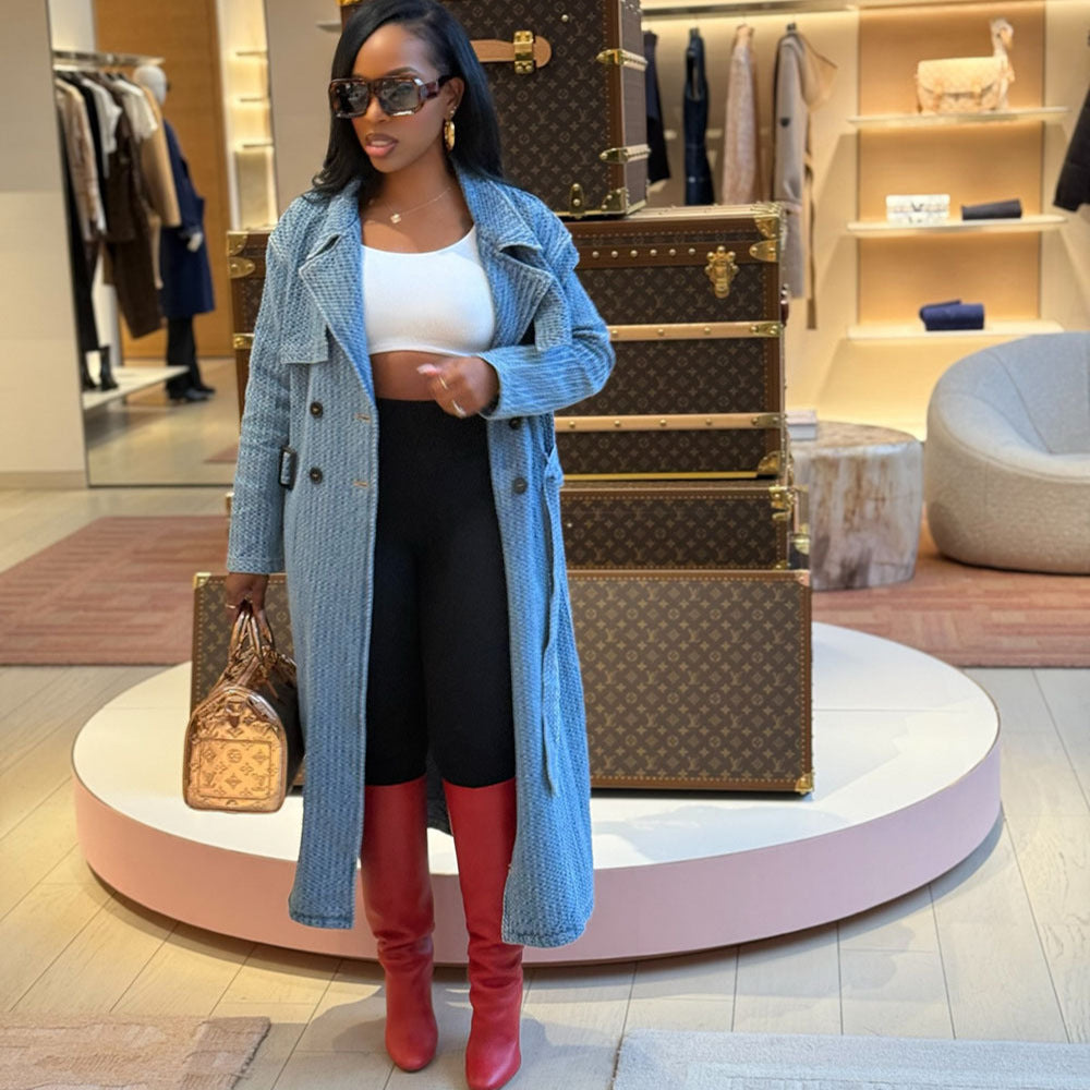 Women's loose denim trench coat long sleeve belted long coat street style