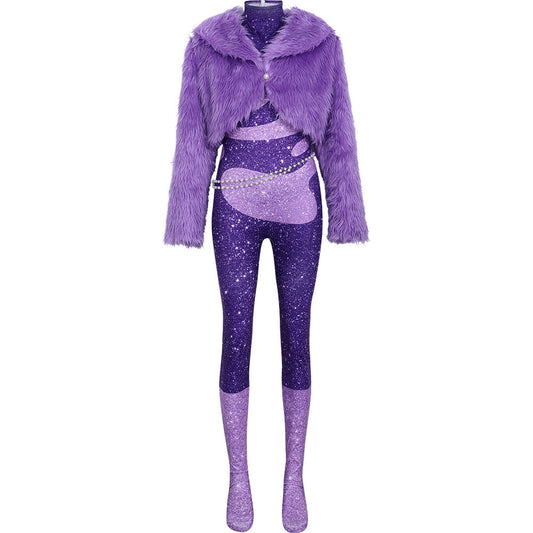 Zootopia Shakira Cosplay Purple Sequin Bodysuit Faux Fur Coat Set Stage Performance Costume