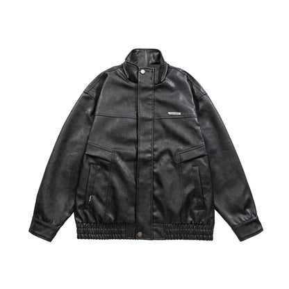 Stand-up Collar PU Leather Jacket Windproof Cool Style Versatile Motorcycle Coat