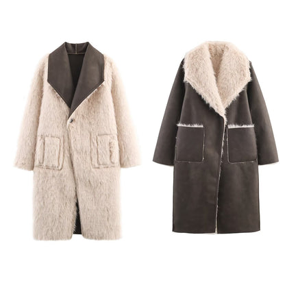Double sided synthetic fur effect coat jacket