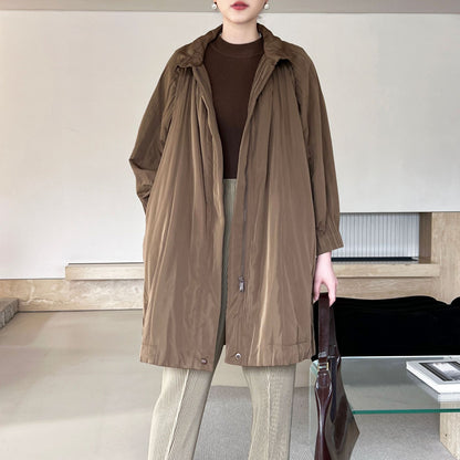 High-end Pleated Style Loose Casual Trench Coat Parka Outerwear