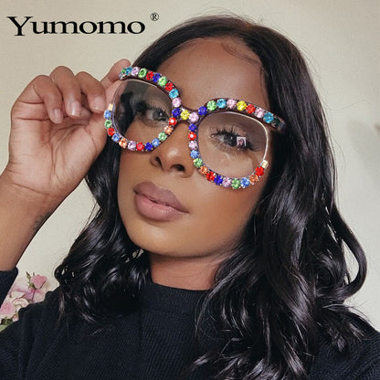 New Personality Luxury Colored Diamond Sunglasses Large Frame Round Fashion Trend Flat Light Sunglasses