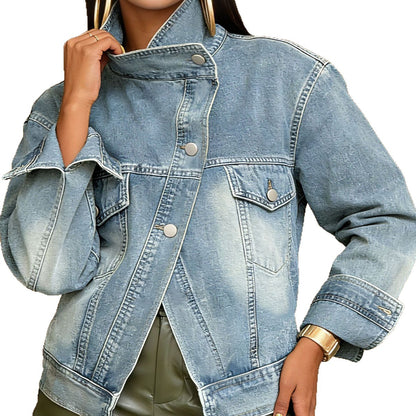 Streetwear Biker Style Washed Stand Collar Retro Denim Jacket Coat