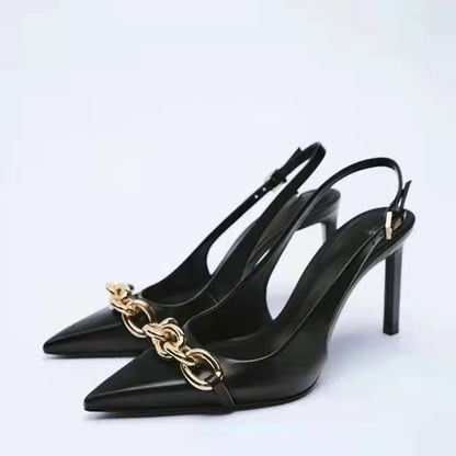 Black chain embellished high heeled pointed thin heeled sandals for women