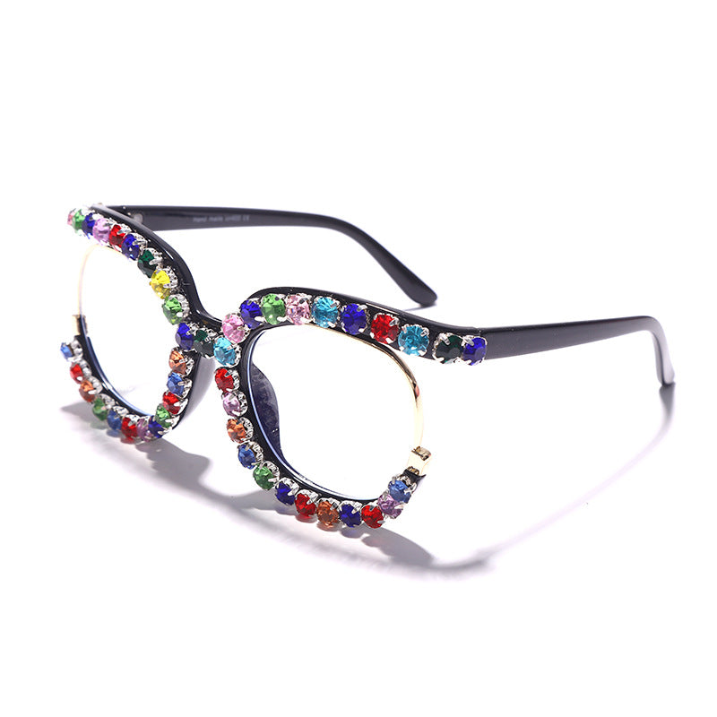 New Personality Luxury Colored Diamond Sunglasses Large Frame Round Fashion Trend Flat Light Sunglasses