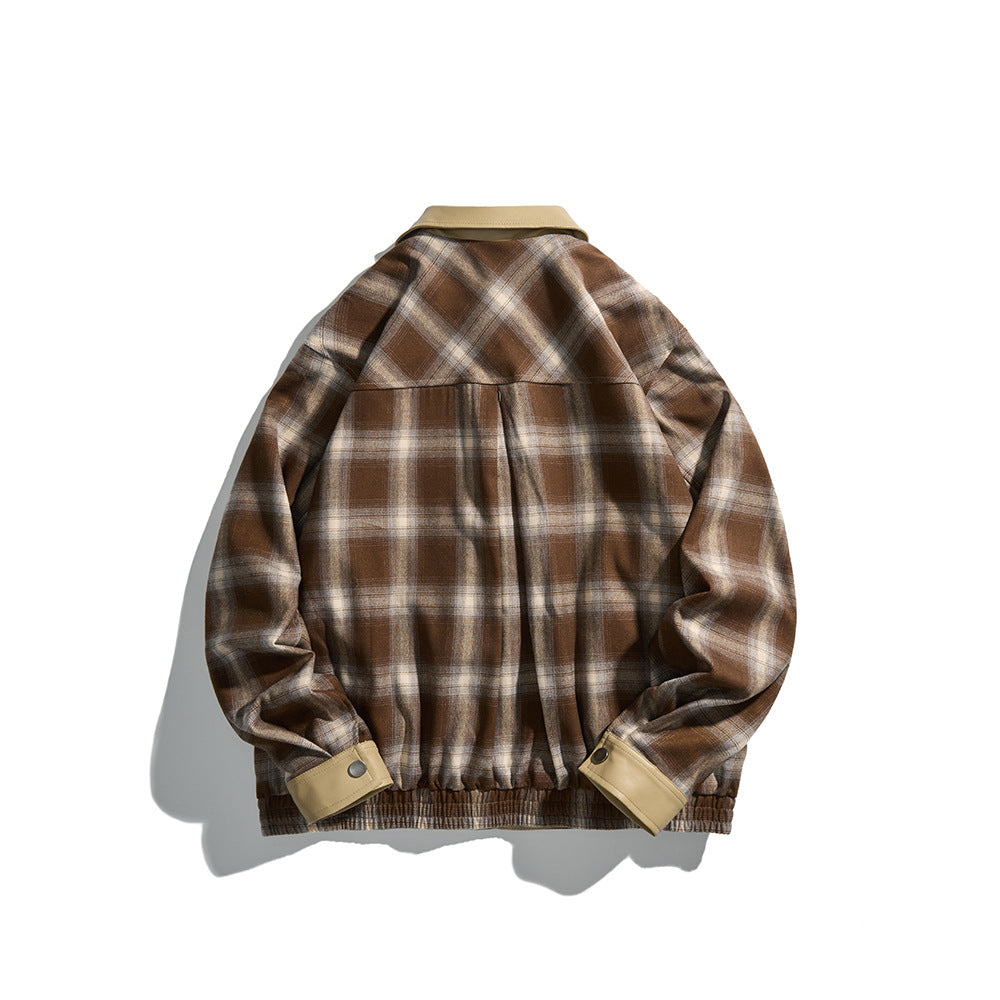 Patchwork Leather Collar Design Loose Plaid Jacket Coat