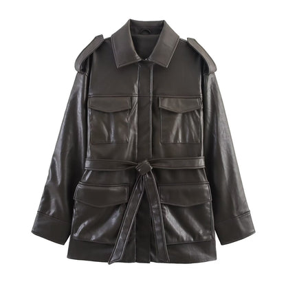 Pocket decoration imitation leather jacket women's coat
