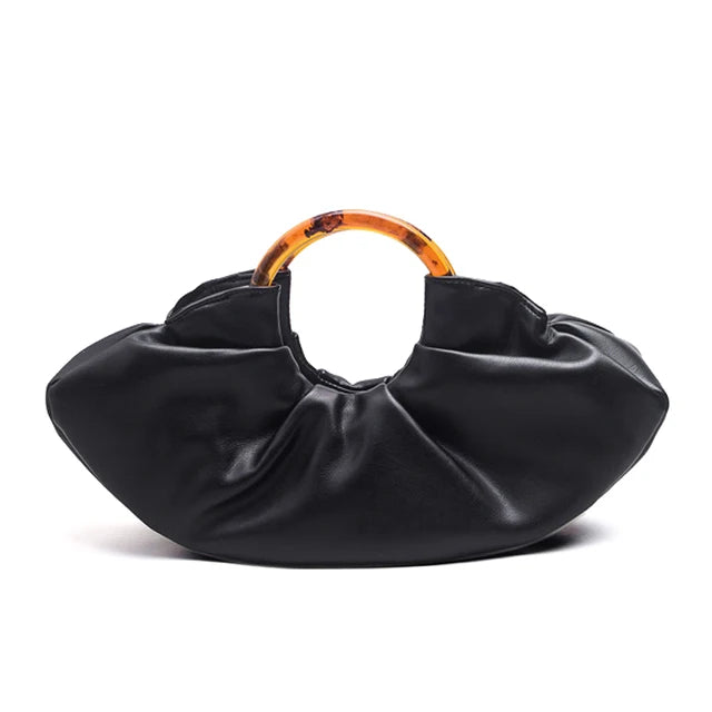 Pleated PU Leather Women Top Handlde Purse Dumpling Ruched Clutch Bag Designer Handbag Chic Fashion Phone Pouch