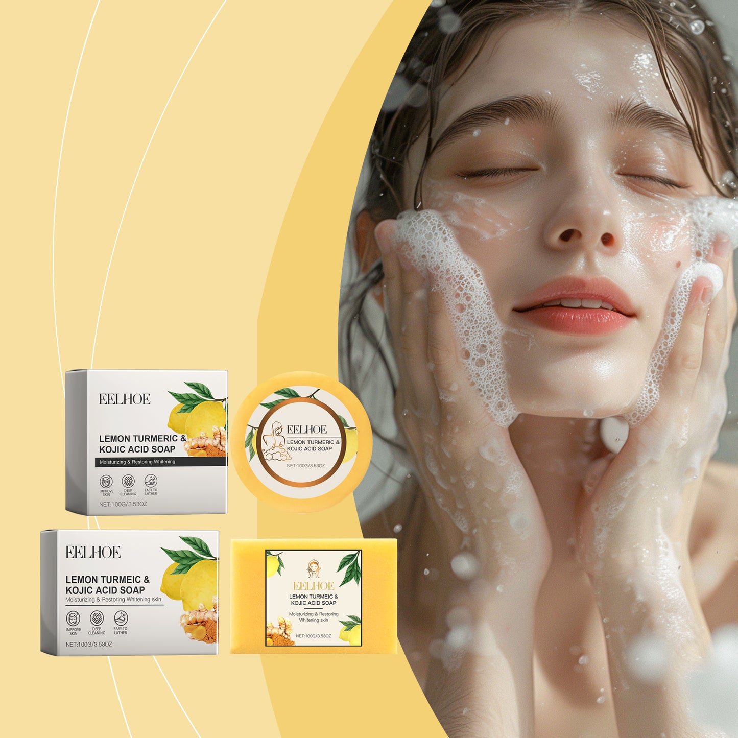 EELHOE Lemon Turmeric Acid Soap, Gently Cleanses, Moisturizes And Brightening Skin Square Cleanser