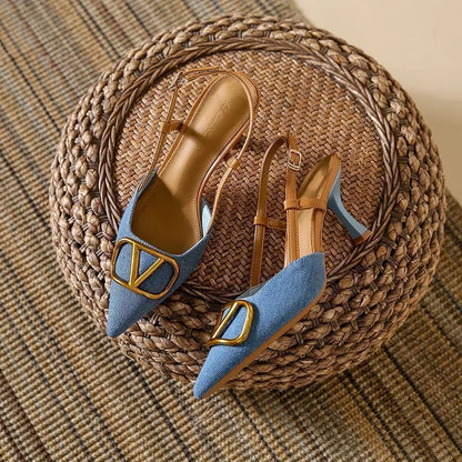 Baotou sandals female summer new 7cm fine with fashion sexy pointed head not tired feet outside wear denim high heels