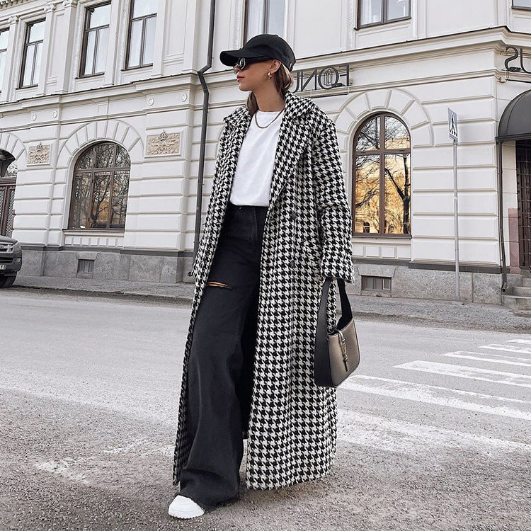 Long Checkered Coat for Women, Black and White Classic Trench Coat