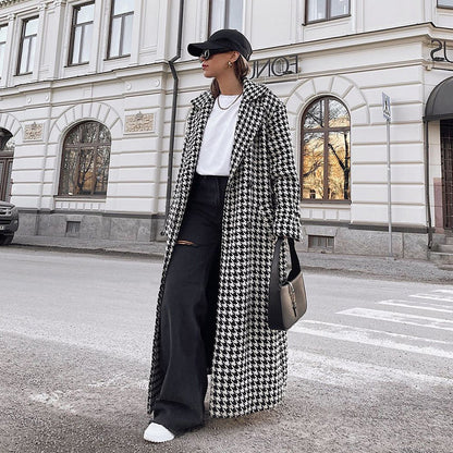 Long Checkered Coat for Women, Black and White Classic Trench Coat