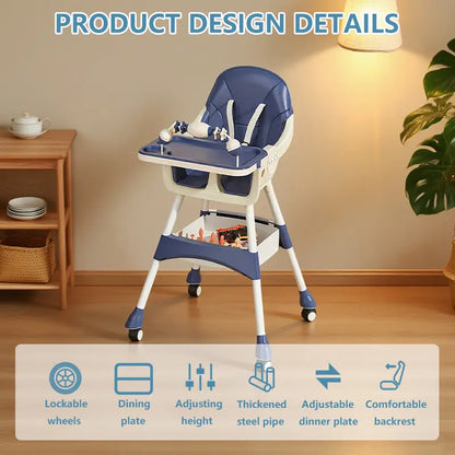 Baby High Chair with Dual Tray, Adjustable Height, Lockable Wheels & Storage Basket | Portable Toddler Dining Chair double removable,back to school