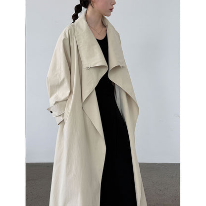 Stand Collar Trench Coat for Women Autumn New Vintage Belted Mid-Length Loose Coat