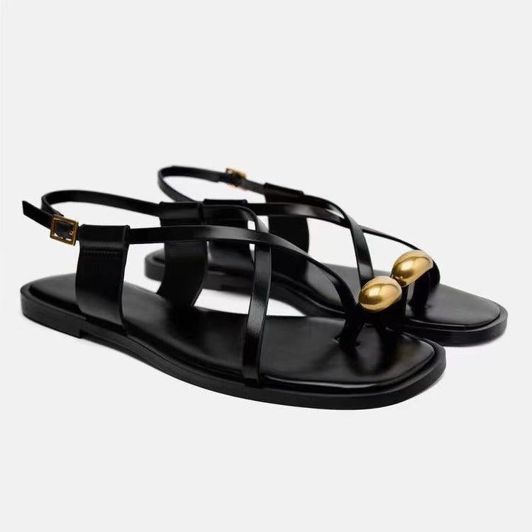 Square toe thong flat sandals women's cross strap casual outer wear beach shoes fashion shoes