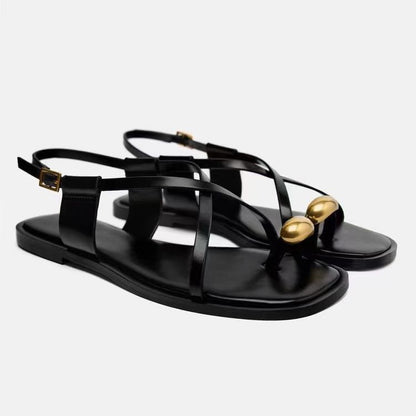 Square toe thong flat sandals women's cross strap casual outer wear beach shoes fashion shoes