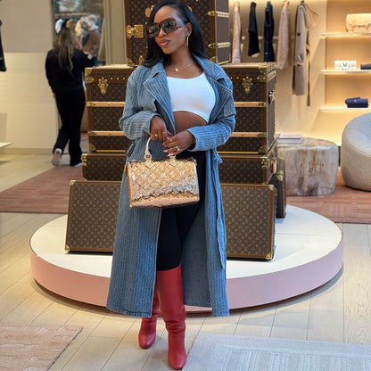 Women's loose denim trench coat long sleeve belted long coat street style