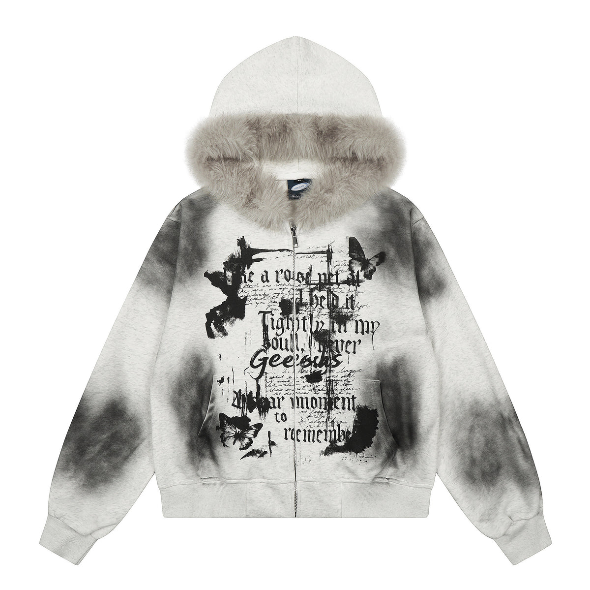 Tie dye fur collar hooded sweatshirt women's coat