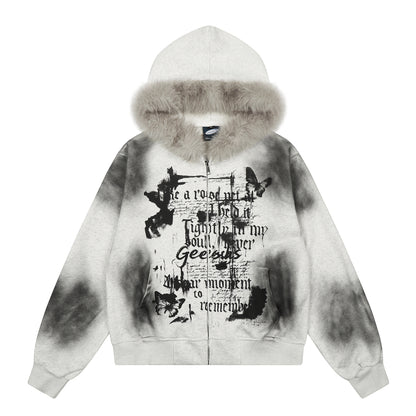 Tie dye fur collar hooded sweatshirt women's coat