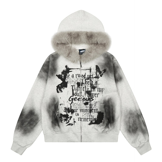 Tie dye fur collar hooded sweatshirt women's coat