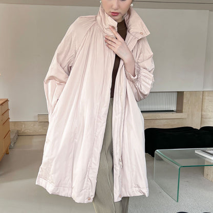 High-end Pleated Style Loose Casual Trench Coat Parka Outerwear