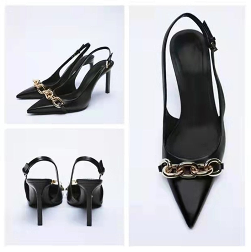 Black chain embellished high heeled pointed thin heeled sandals for women