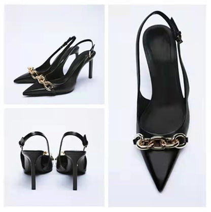 Black chain embellished high heeled pointed thin heeled sandals for women